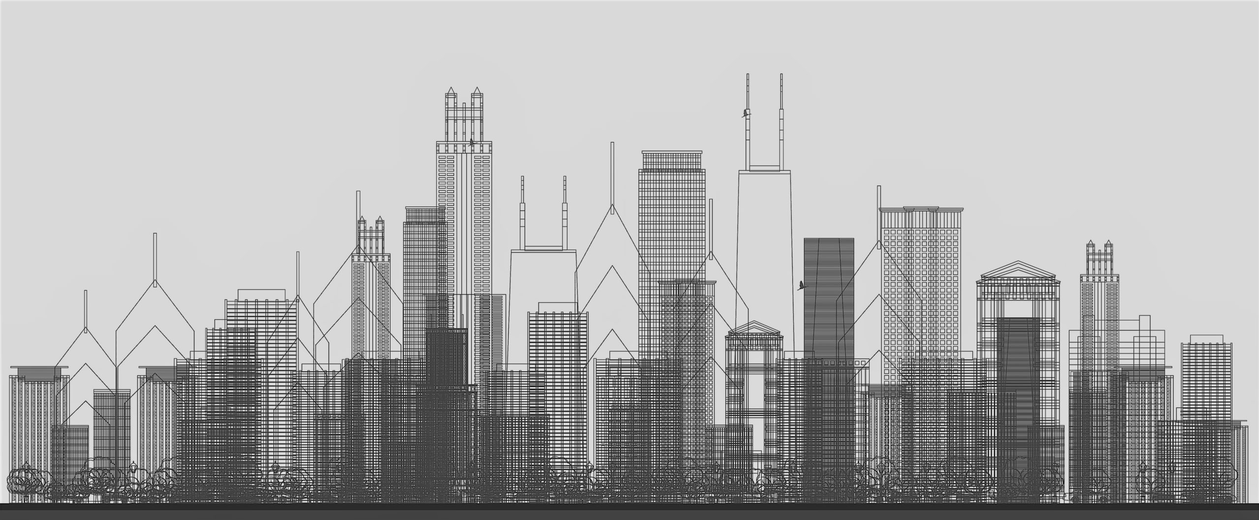 Outline Chicago city skyline with blue skyscrapers.